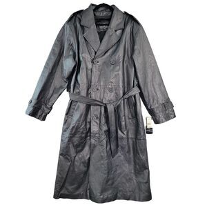 NWT OSCAR PIEL M803 Black Leather Trench Coat Double Breasted Jacket SIZE LARGE